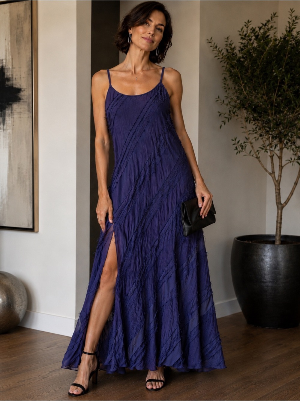 Xenia Design Navy Raw Edge Silk Chiffon Dress | Designer Asymmetrical Maxi Dress